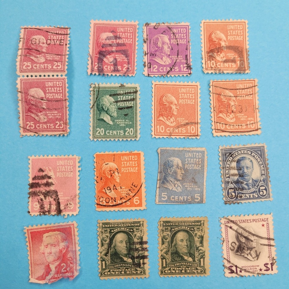 Lot Of 16 US Presidents Benjamin Franklin Vtg 1 Cent-$1 Stamps Great Collection